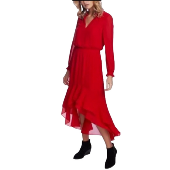 1.STATE cherry red smocked ruffled chiffon V neck maxi dress size XL high low - Picture 1 of 15